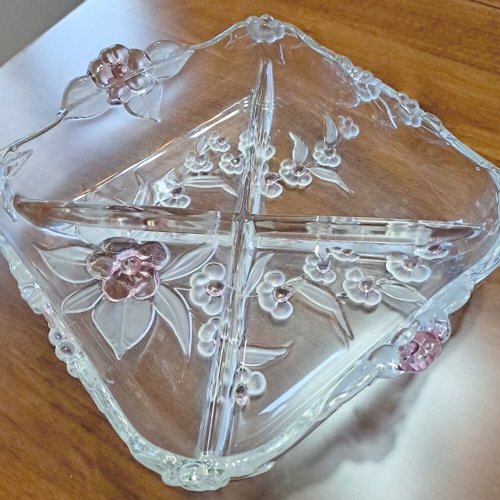 Mikasa Four Part Clear Glass Relish Dish with Cranberry Cherry Blossom Platter
